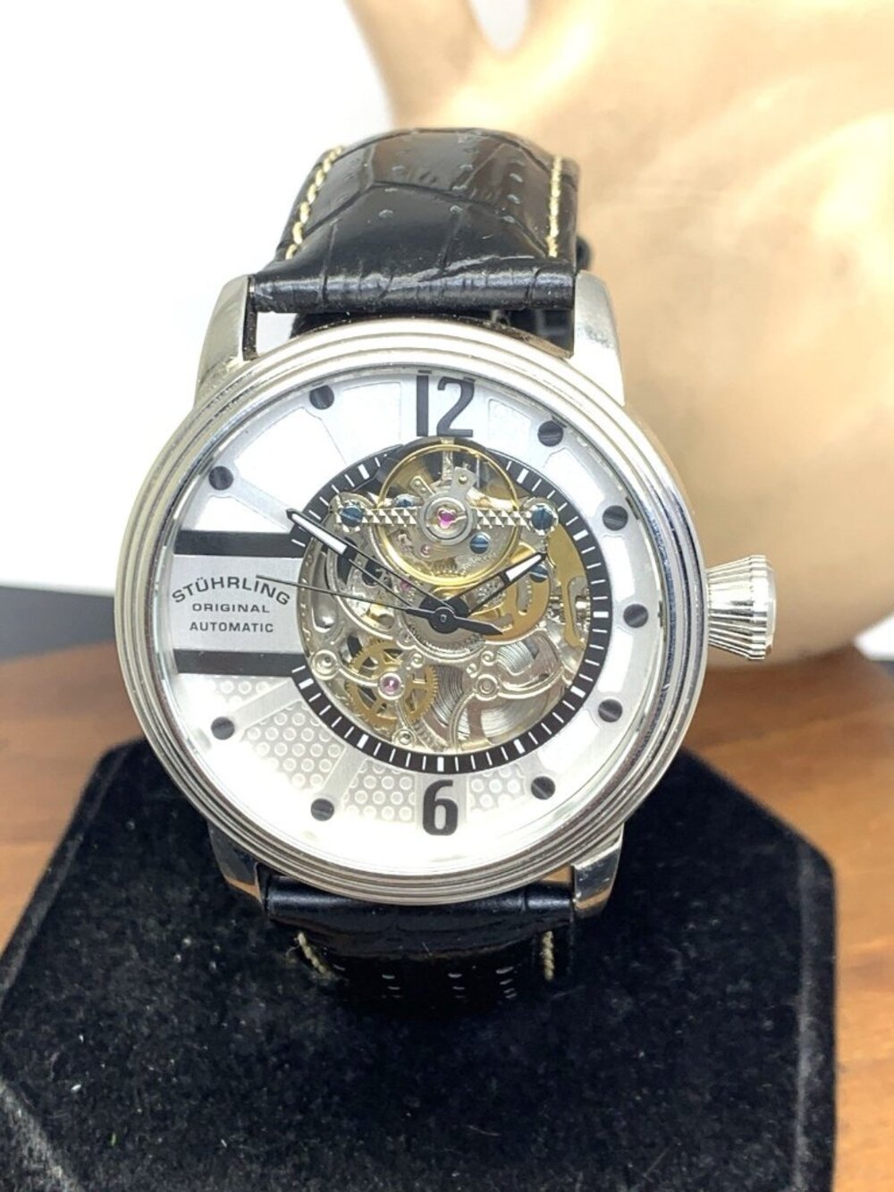 Stuhrling Men's Watch ST-90001 Automatic Silver Dial Black Leather Band 44mm